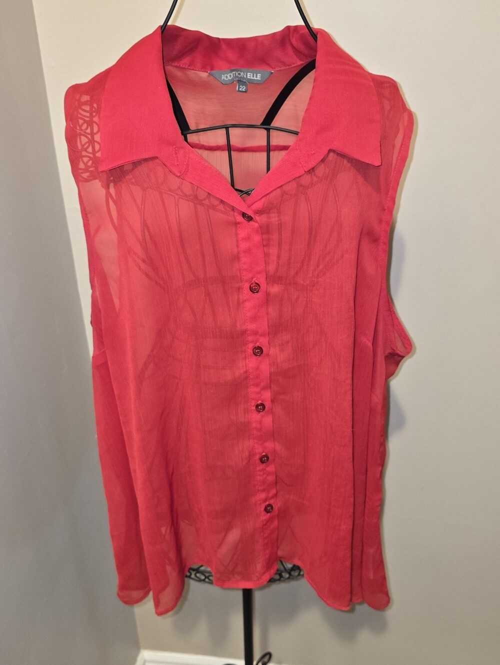 Addition Elle Sheer Sleeveless Button-Front Blouse in Bright Red